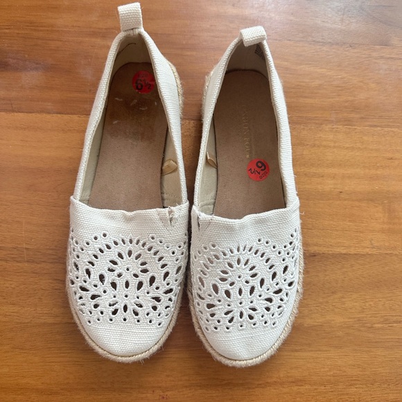 London Fog Shoes - London Fog Beige Laser-Cut Canvas Espadrille Slip-Ons